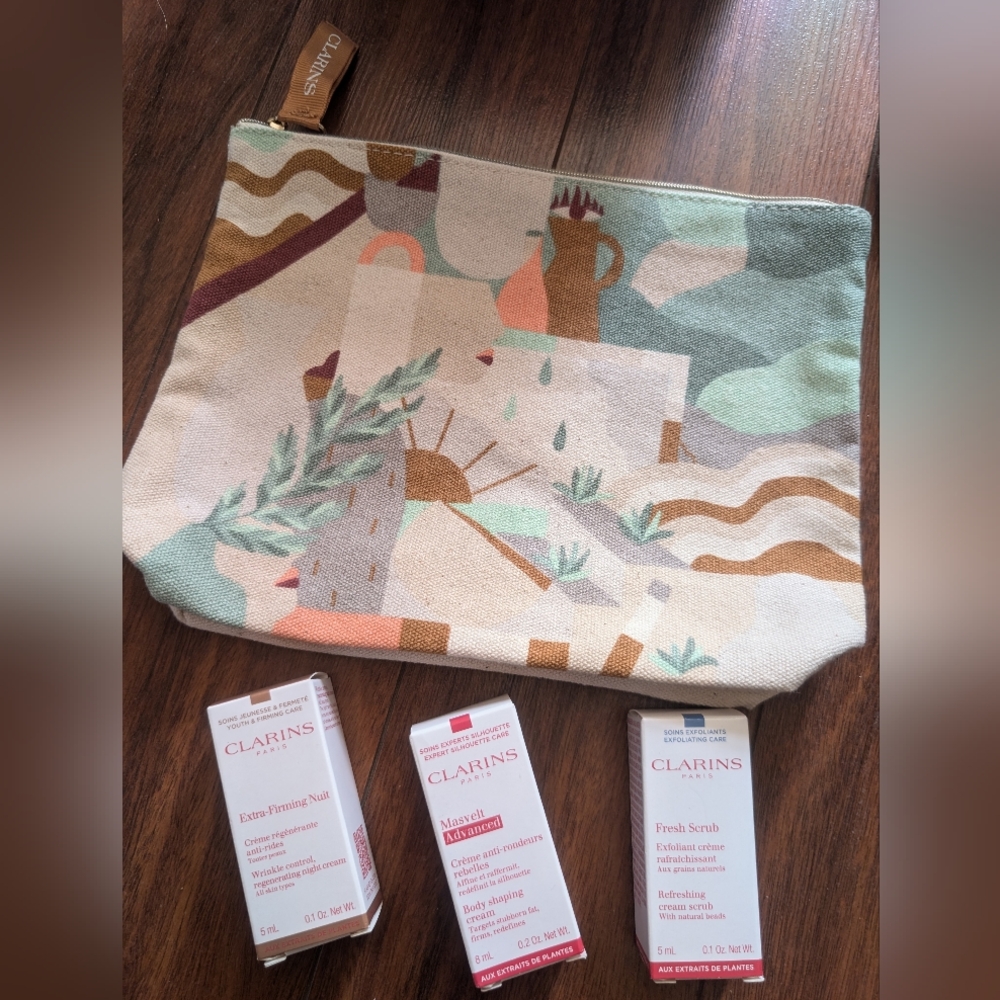 Clarins Skincare Set with Patterned Pouch